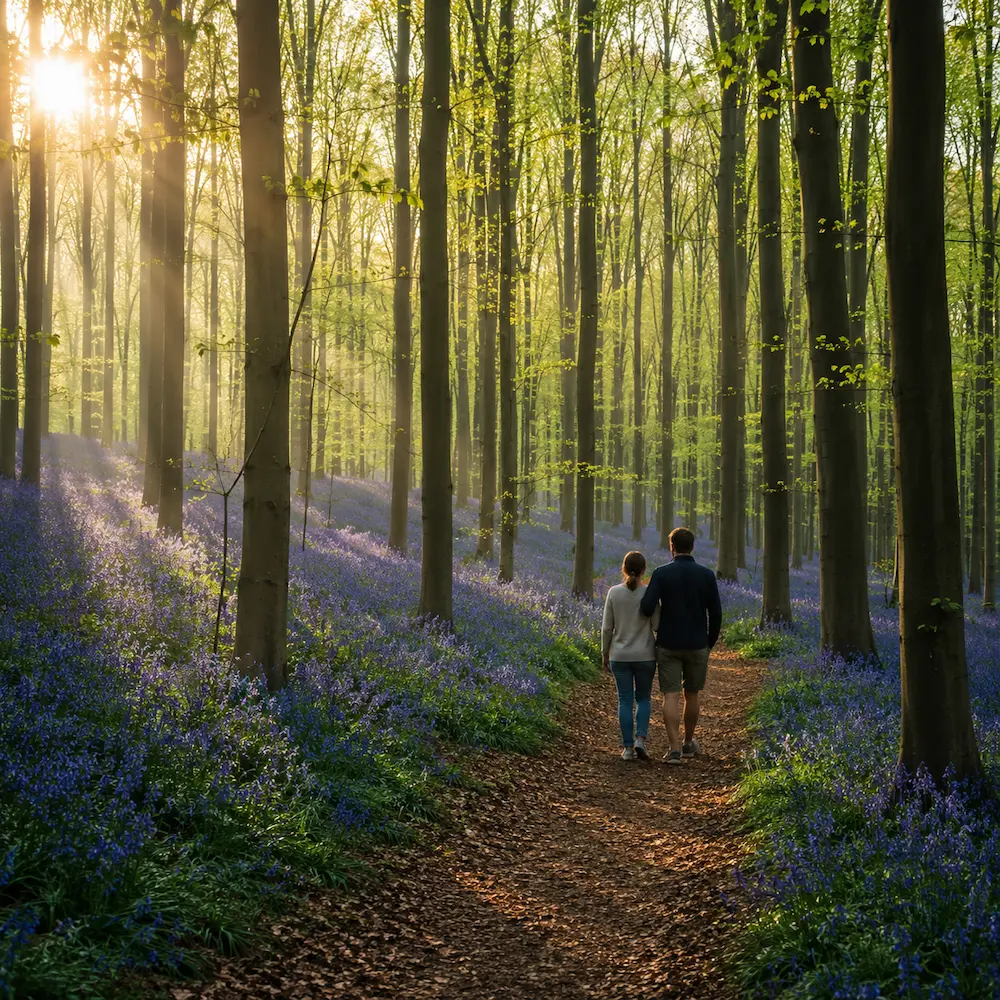 Paysage belge vallonné avec forêts, villages et lumière de fin de journée